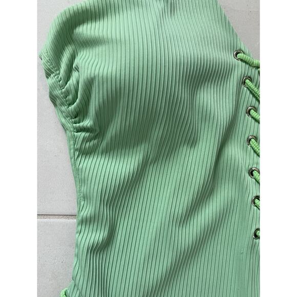 Coastal Waves Swim One Piece Swimsuit Ribbed Lace Up Swimwear - Picture 4 of 12